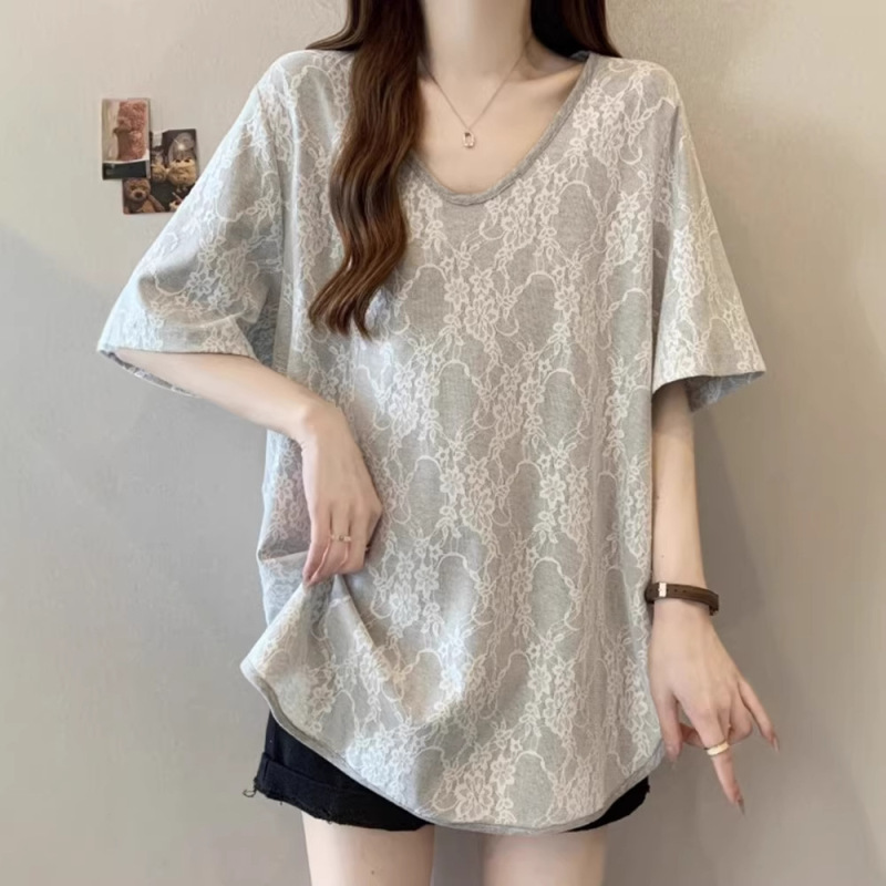 European-Style Lace Embossed Short-Sleeve T-Shirt for Women, Summer 2026, Plus-Size, High-End Feel, Half-Sleeve Top European-Style Lace Embossed Short-Sleeve T-Shirt for Women, Summer 2026, Plus-Size, High-End Feel, Half-Sleeve Top