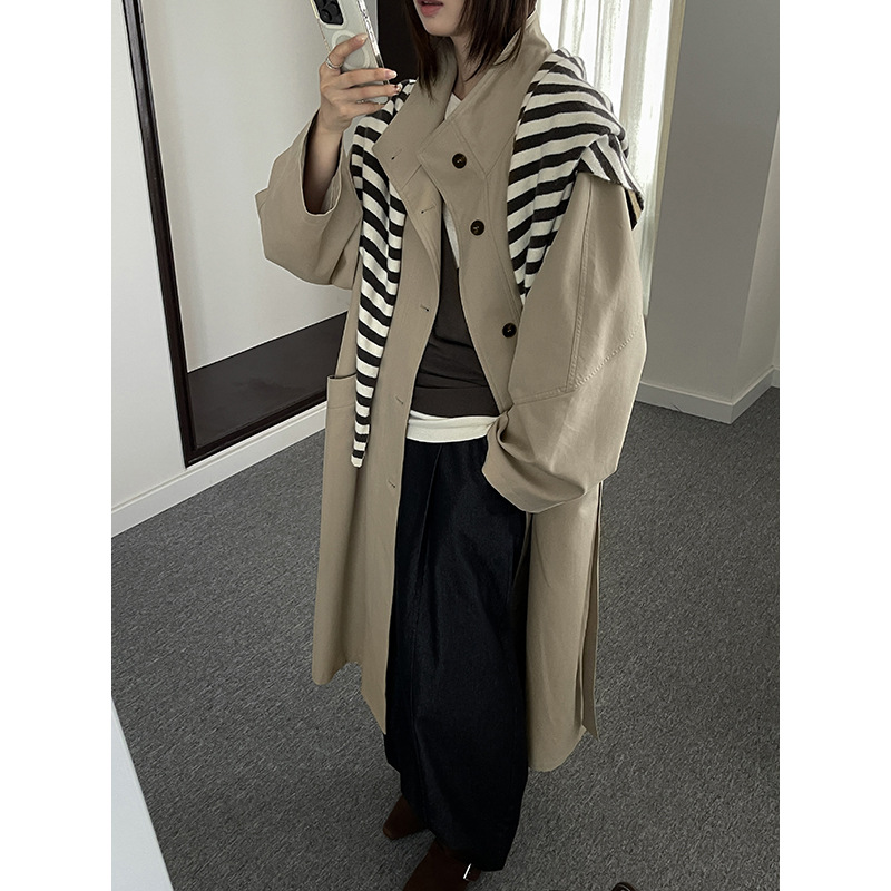 Retro British Style Long Windbreaker Women's Autumn Clothing 2025 New Autum Style with Stripesd Shawl Design Outwear Jacket