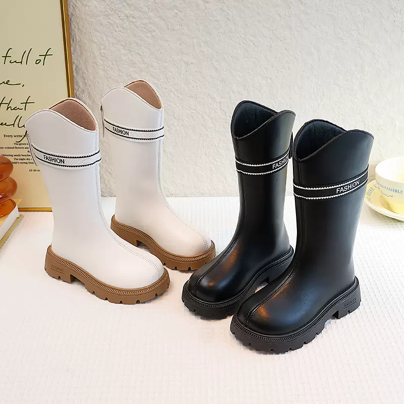 女童长筒靴2025秋冬新款韩版字母时装靴子加绒公主皮靴保暖高筒靴