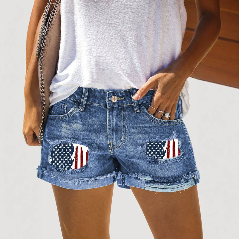 European and American Independence Day Festival Denim Shorts, Flag Print, Ripped Edges, Hot Pants, Summer Casual Versatile Cotton Style European and American Independence Day Festival Denim Shorts, Flag Print, Ripped Edges, Hot Pants, Summer Casual Versatile Cotton Style