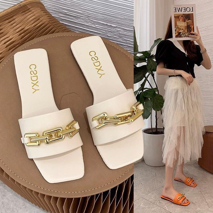 Sommer Neue Einreihige Metallkette Oberbekleidung Mode Cool für Damen 2024 Große Hausschuhe_voghion.com