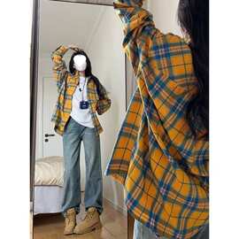 韩系美式格子衬衫新款外套复古宽松显瘦设计感小众衬衣长袖上衣女