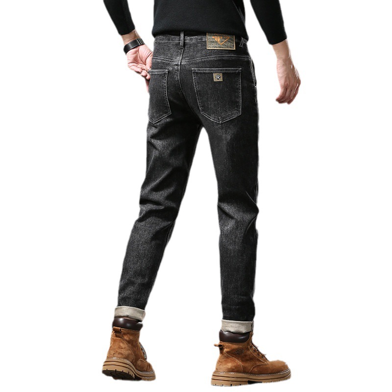 Neues Produkt, hochwertige, gewaschene, schmal geschnittene, elastische, bestickte Jeanshose für Herren mit geradem Bein, dick für Herbst und Winter_voghion.com