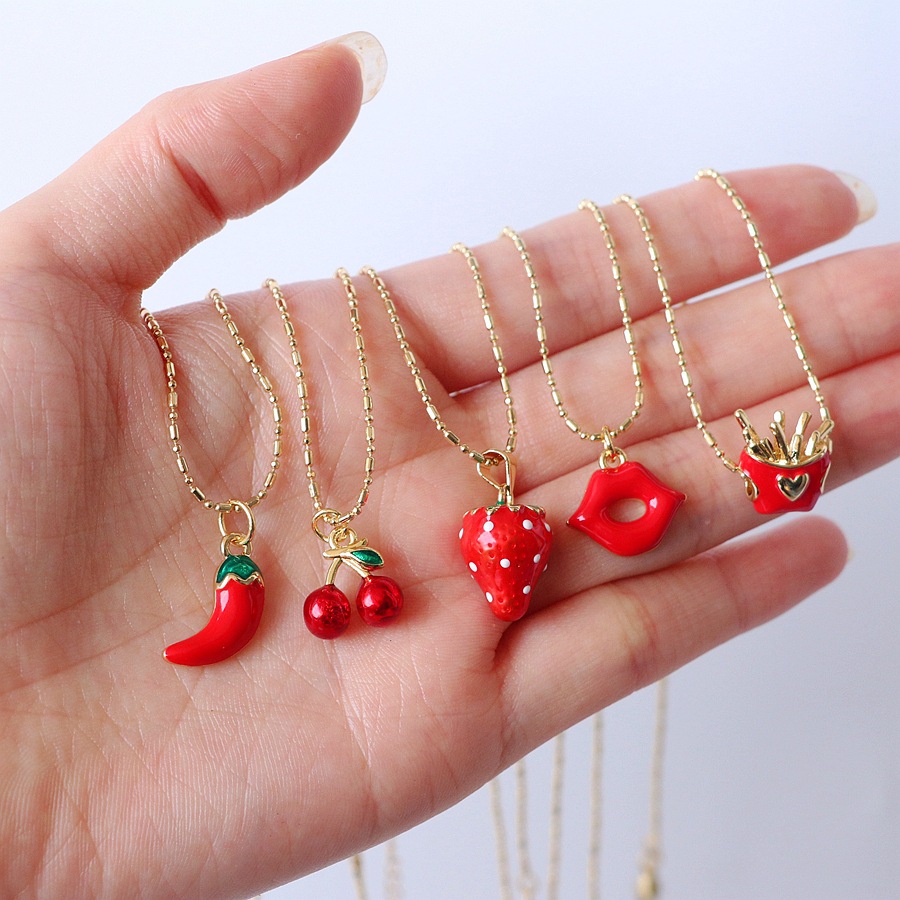 9g Weight 0.03µm-0.05µm Gold Plating Thickness PVD Coated Gold Plating Process 18K Real Gold Plated Plating Material Copper Pendant Material Pendant Necklace Classification Copper Chain Material Bead Chain Chain Type Sweet Cherry Fruit Strawberry Alloy Copper  Pendant Necklaces Wholesale