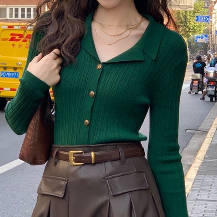 Norwegian Forest Harbor Style Autumn/Winter New Vintage Slimming Elegant Turn-Down Collar Knit Sweater Women's Long Sleeve Slim Top