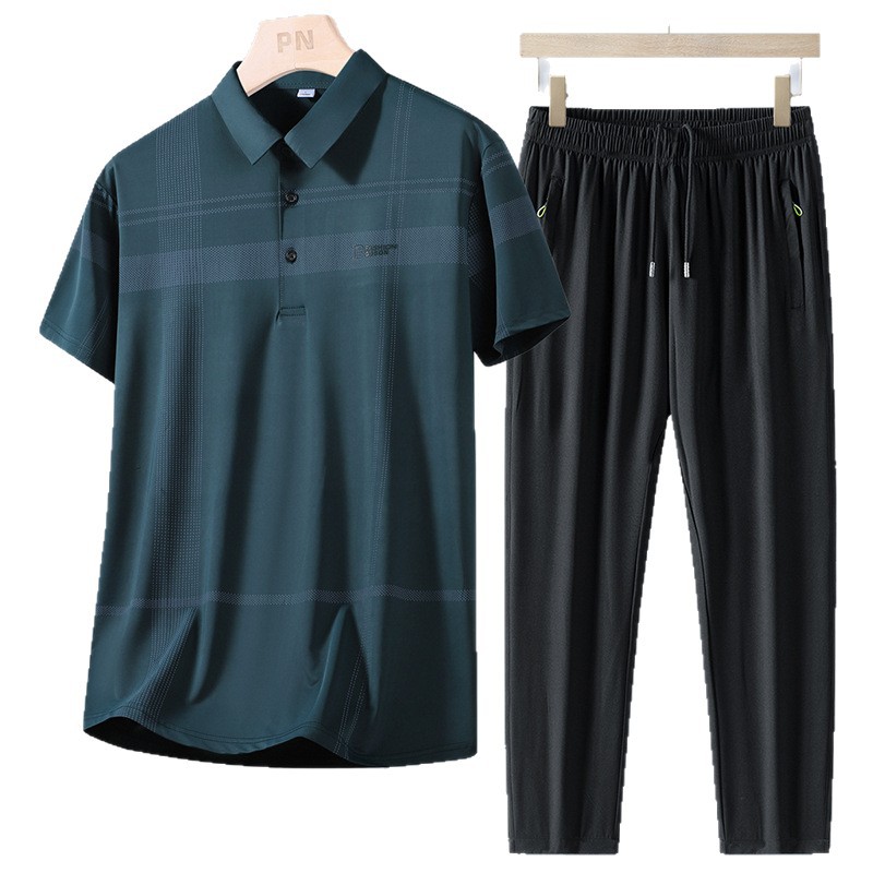 Papá con set de verano de dos piezas para hombre hielo delgado de manga corta suelta set casual de mediana edad pantalones secos rápidos
