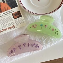 高级感绿色抓夹轻奢水钻花卉图案鲨鱼夹法式气质风马尾夹头饰批发
