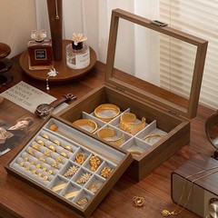 黒胡桃木二重大容量ジュエリー収納ケースネックレスジュエリーブレスレット金飾り指輪高級ロック付き軽贅沢