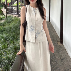 许大晴【枝瑶】新中式素雅亚麻印花圆领马甲松紧腰中长半身裙套装