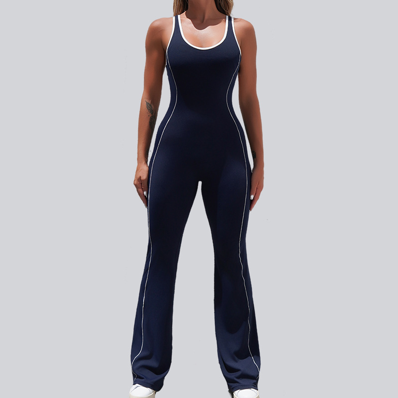 Monos de yoga deportivos transfronterizos europeos y americanos cuidadosamente seleccionados para mujer, con un hermoso diseño en la espalda, un diseño deportivo de fitness con una sensación de desnudez y un estilo de pantalones acampanados que levantan la cadera.