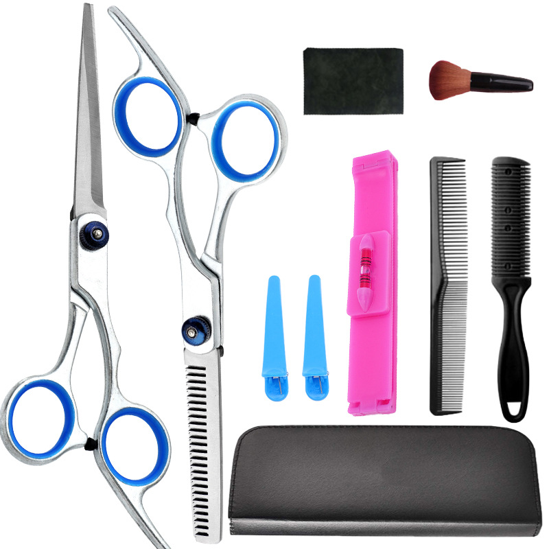 Un conjunto completo de tijeras de corte de pelo al por mayor, tijeras de dientes delgadas profesionales, tijeras planas de reparación de cabello, tijeras para el hogar, fabricantes de herramientas de tijeras para el cabello