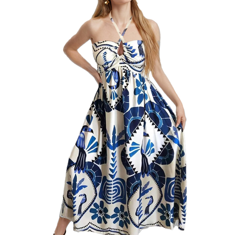 Vacation Style Wholesale Women's Vacation Flower Holiday Halter Neck Sleeveless Swing Dress