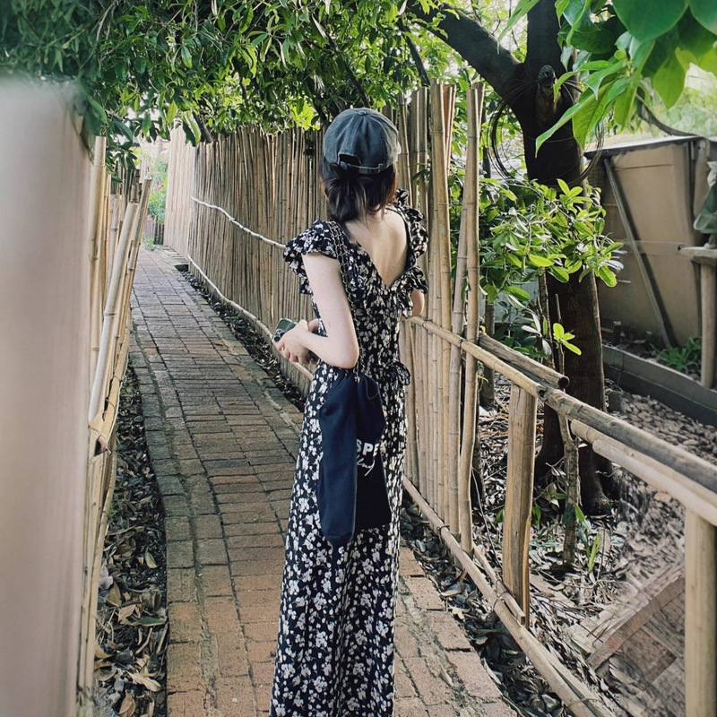 175 Tall Black Floral Waist Dress for Women Ankle-Length Rose Island Ruffled Slimming Long Dress