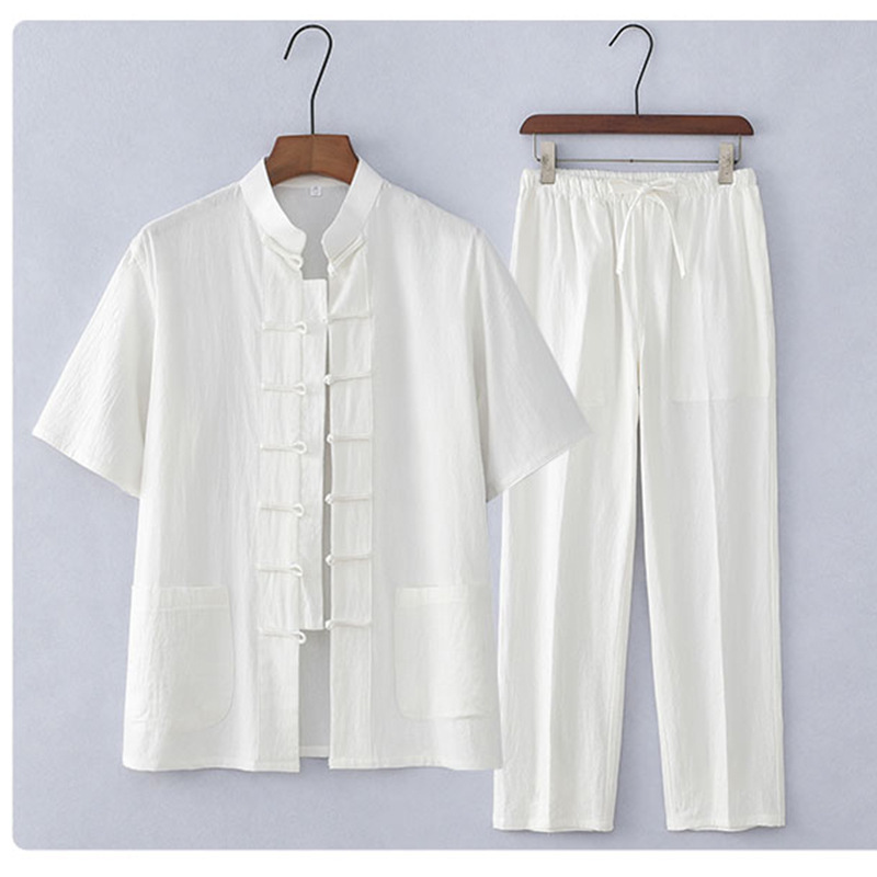 Traje Tang de estilo chino Traje de manga corta de algodón y lino para hombres de mediana edad y ancianos Traje Hanfu casual para hombres retro Traje delgado de verano