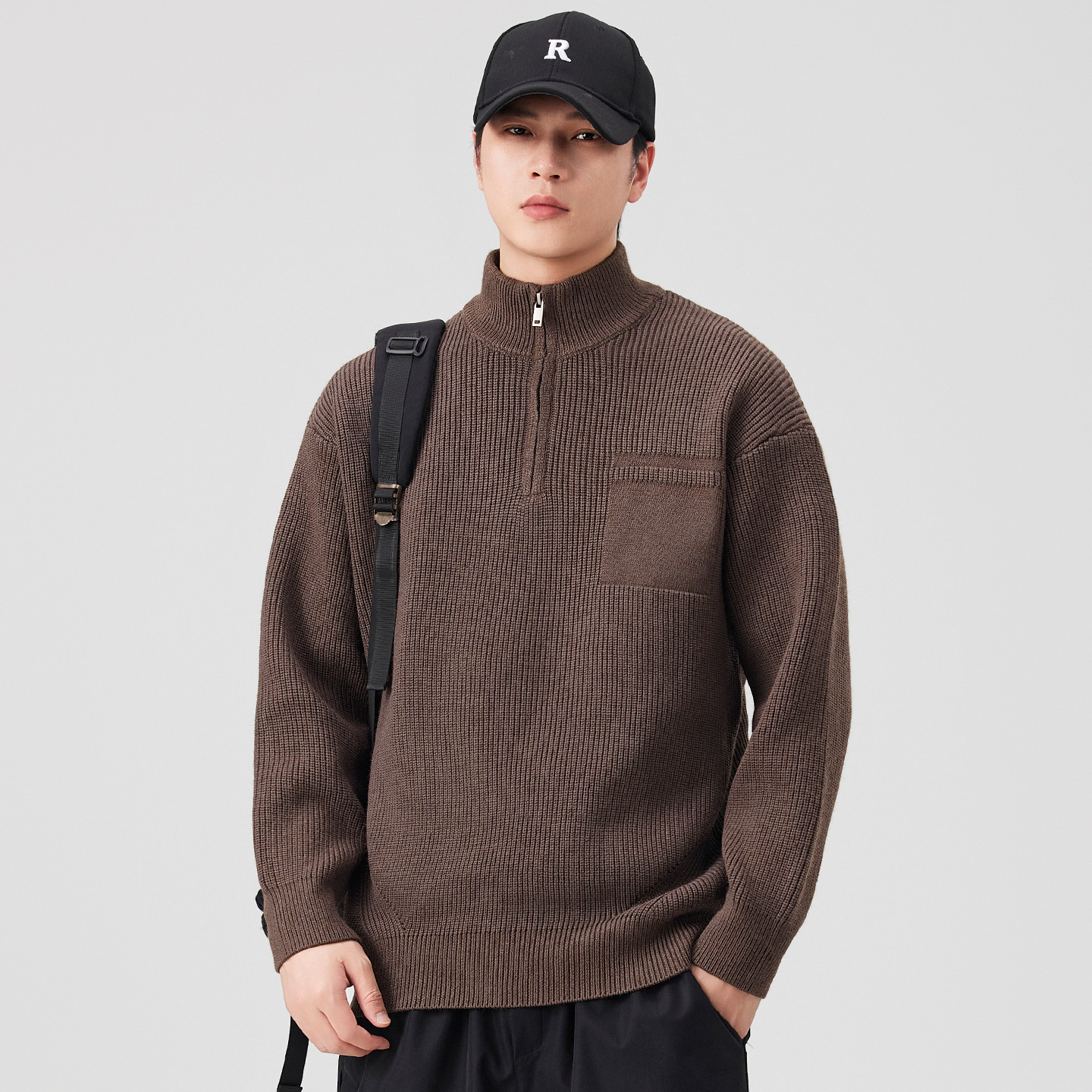 Camisas de punto de cuello vertical con medio cremallera para hombres retro americano suelta otoño y invierno 2025 nuevo suéter de moda pareja de moda