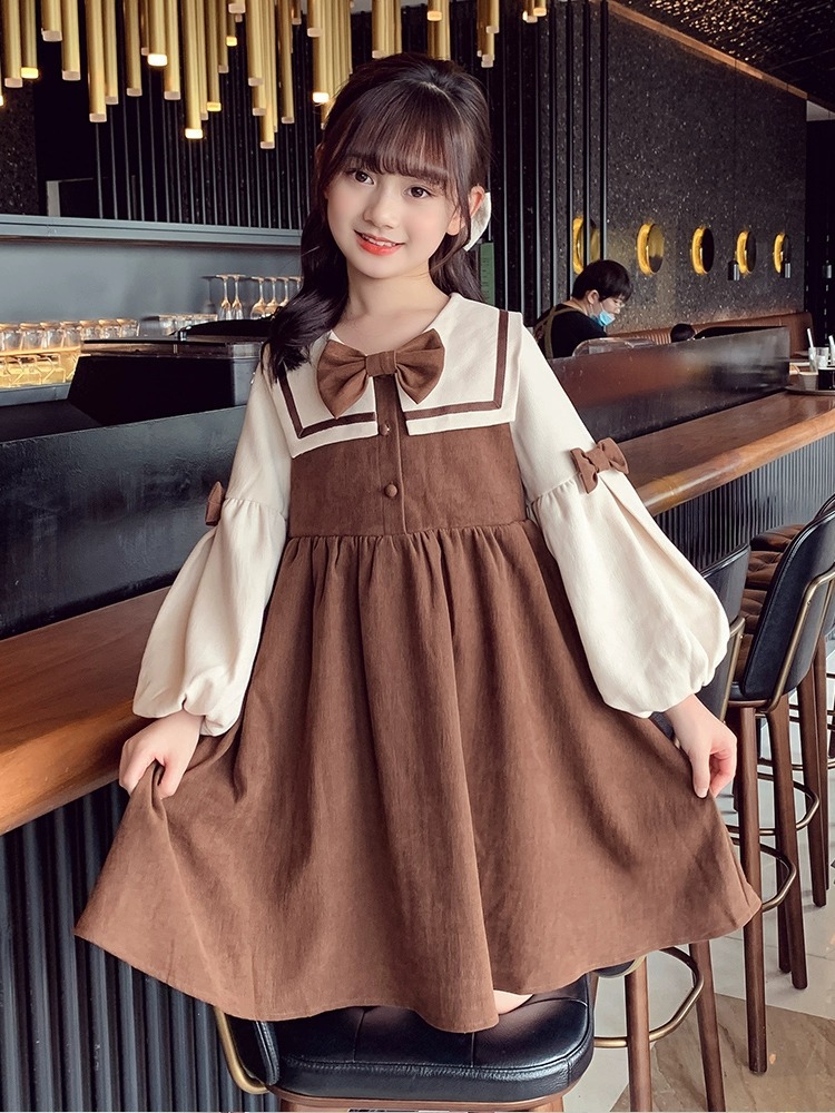 Girls' Fashion New Middle Big Children's Girls Corduroy Princess Dress Long sleeved Western Autumn and_voghion.com