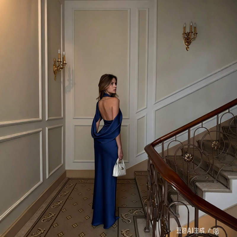 Elegant women's halter-neck, backless, long mermaid gown in navy blue, perfect for proms and evening events, with a flowing silhouette