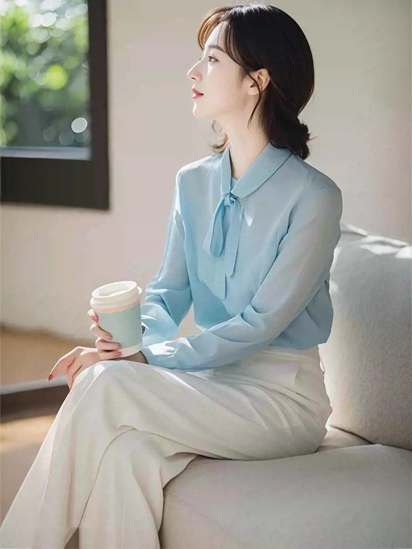 秋季新款韩风chic冷淡系独特别致蓝色衬衫裤子两件休闲职业女套装|undefined