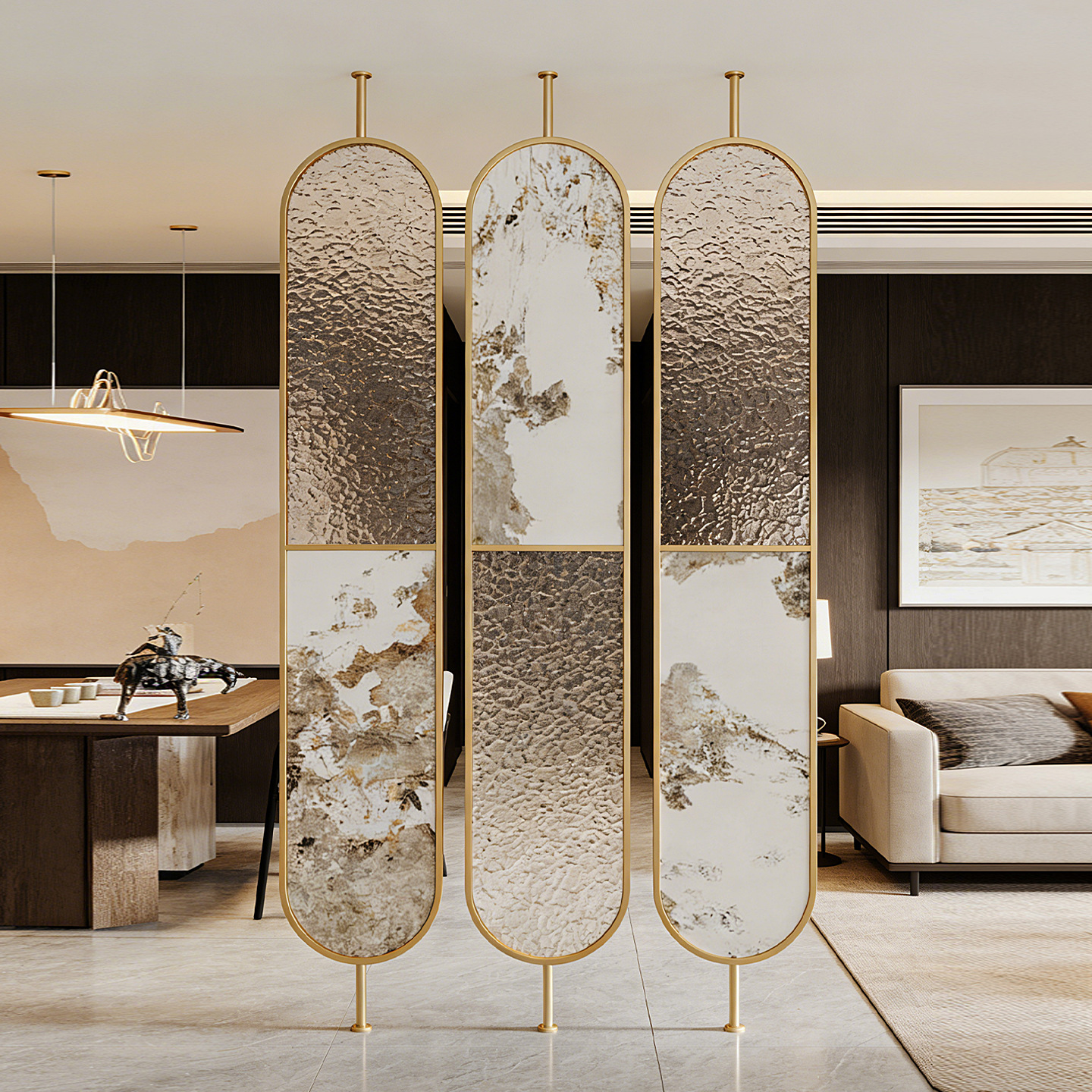 Stainless Steel Glass Screen for Entryway, New Chinese-Style Indoor Partition Wall, Light Luxury Hollow-Out Background Wall for Hotel and Restaurant