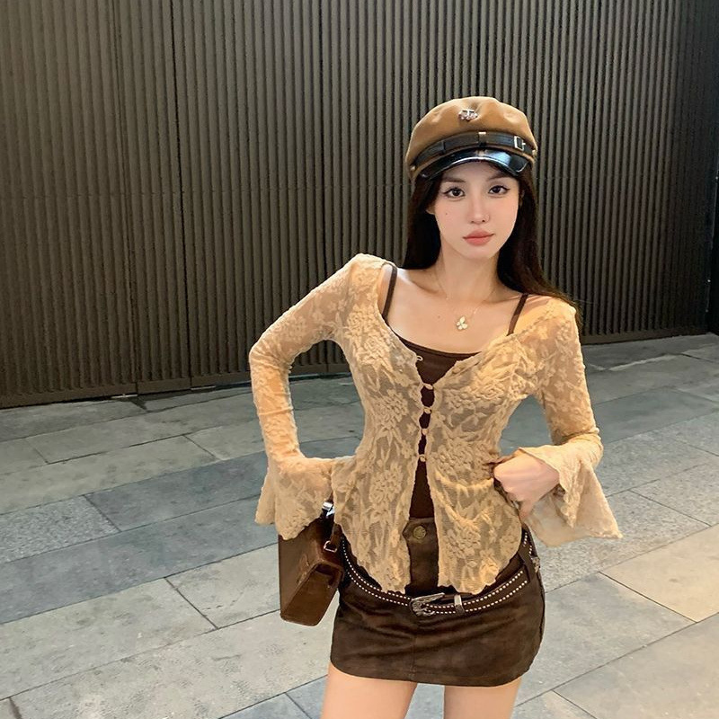 American Hot Girl Bell Sleeve Thin Lace Cardigan Women's Summer New Irregular Ruffled Sunscreen Blouse Top American Hot Girl Bell Sleeve Thin Lace Cardigan Women's Summer New Irregular Ruffled Sunscreen Blouse Top
