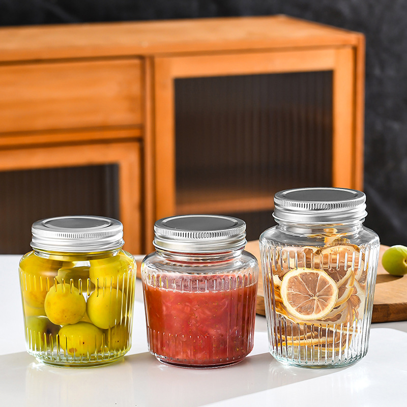 Manufacturer Supplies Transparent Vertical Striped Glass Sealed Jars with Lids, Glass Pickle Jars, Household Dried Fruit and Grain Storage Jars