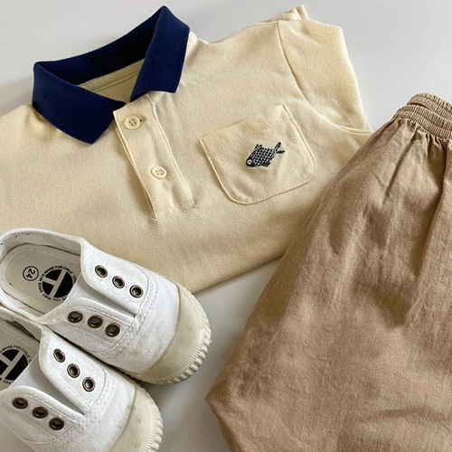 Children's Polo Shirt  Summer New Arrival Baby Striped Thin Collar Up Top Boys Printed Little Fish Base Shirt