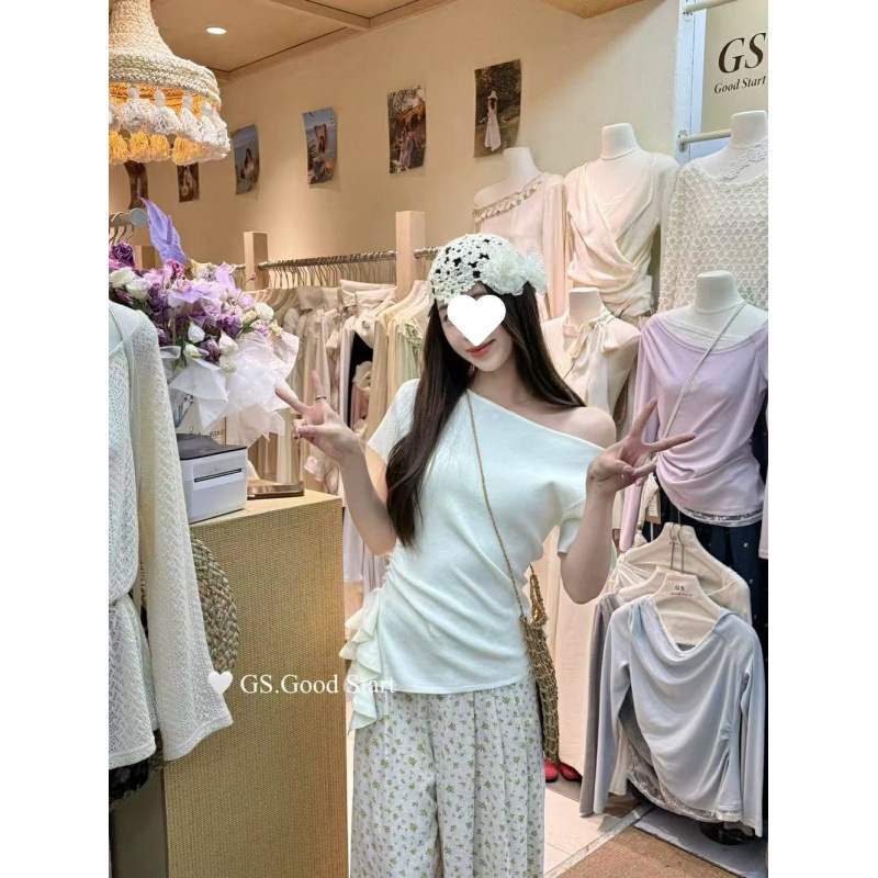 835 Girlfriend Spring and Summer Lotus Leaf Ribbon Irregular Pleated Tight Waist Design Knitwear Fashion Slim Fit