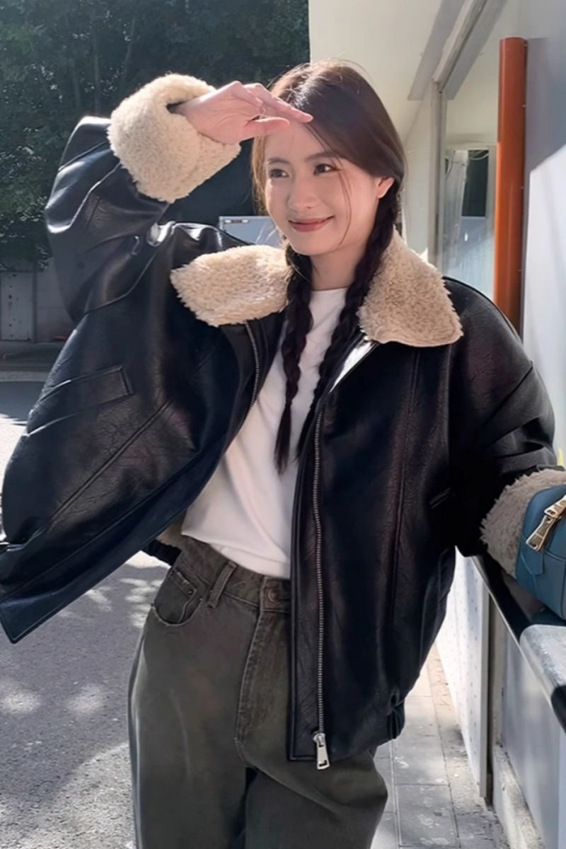 Black Pu Leather and Lamb Wool Coat for Women, Autumn and Winter, Fleece-Lined, Thickened, Retro Biker Jacket, Warm Leather Jacket