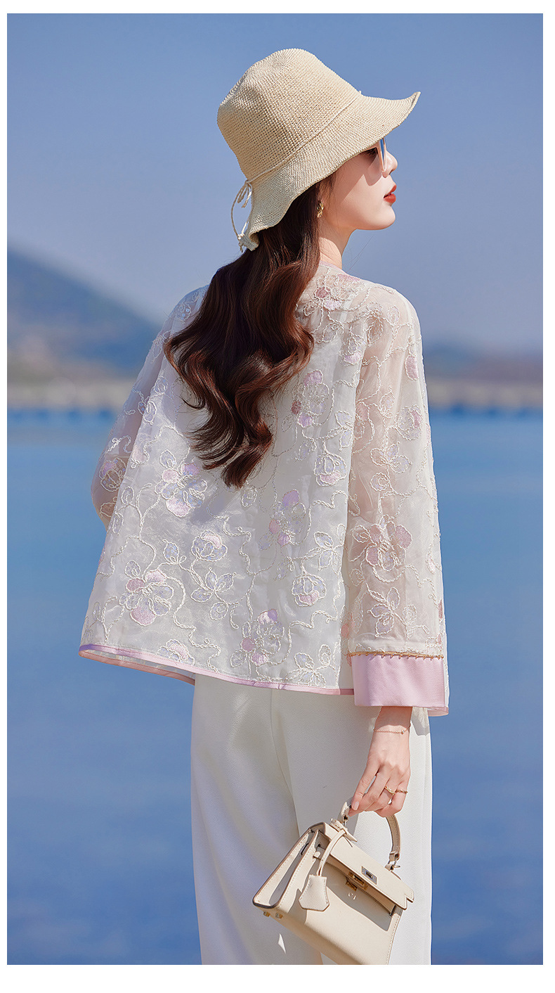 Áo cardigan nữ tay dài thêu hoa cổ tròn phối nút — Màu hồng, màu mơ chi tiết 9