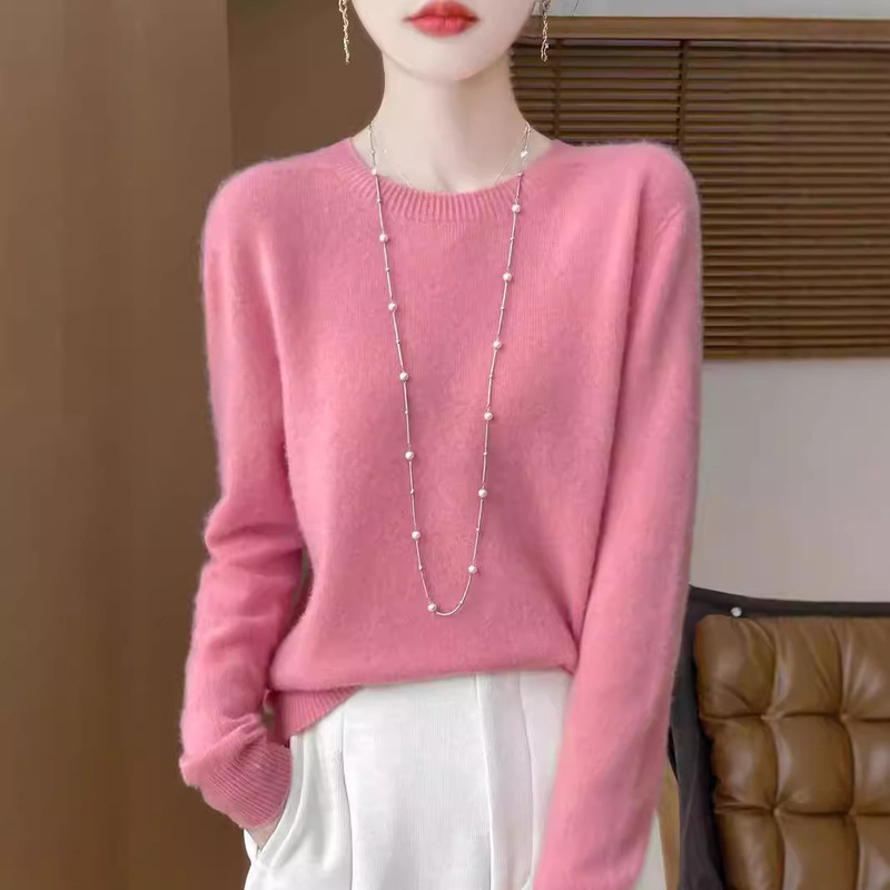 Seamless one-piece knitwear for women, round-neck pullover, loose-fitting base shirt, new autumn and winter solid color sweater for women, cross-border