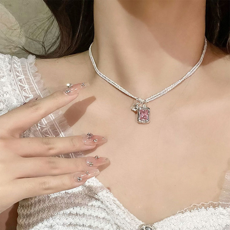 Elegant Square Copper Plating Artificial Rhinestones Pendant Necklace