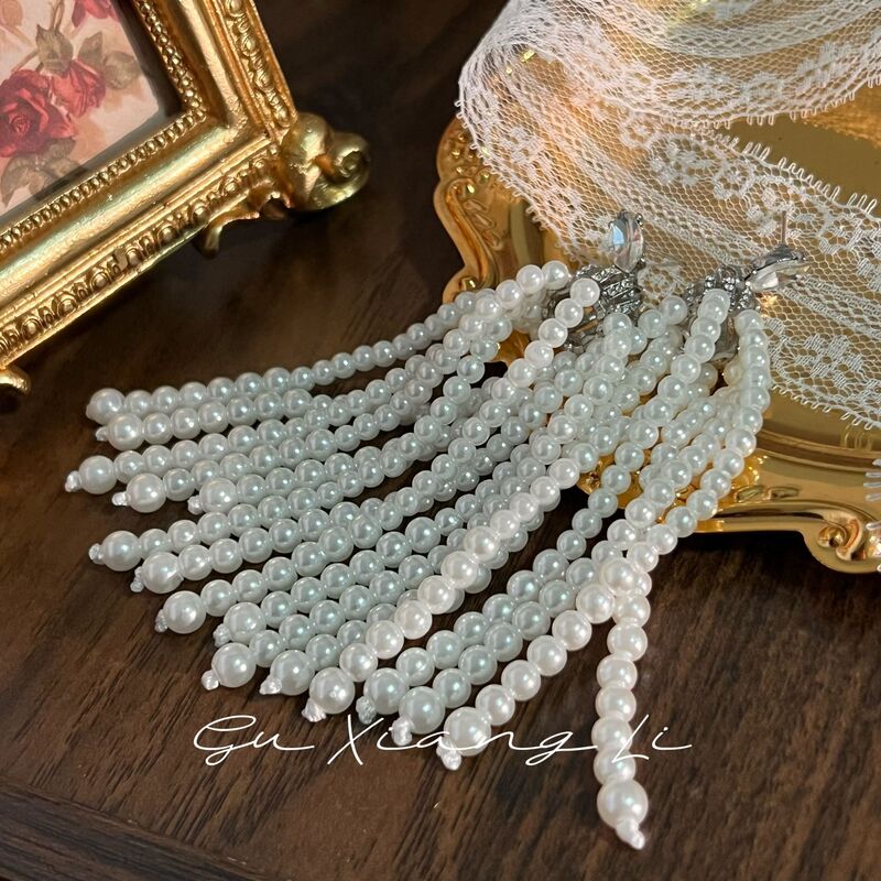 [Bead Curtain Galaxy] French Retro Pearl Tassel Earrings Light Luxury High-End Crown Long Style Earrings B92