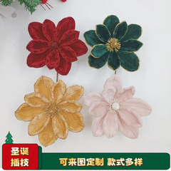 圣诞玉兰花跨境热销厚绒圣诞花头仿真花枝装饰金春节花家居圣诞花