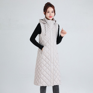 Foreign Trade Cotton Vest Women's Over-the-Knee Mid-length Vertical Collar Living Hat Slim-fit Elegant Korean-style Diamond Plaid Cotton Vest Autumn and Winter