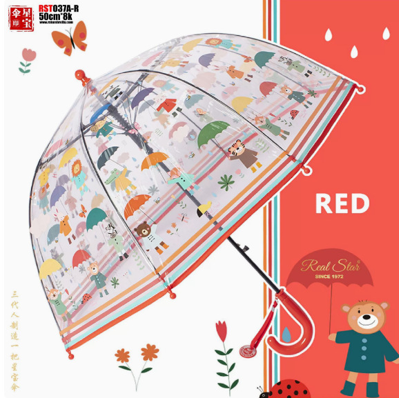 Sombrilla Transparente Infantil de Mango Largo 2-7 Años Semiautomático, Ligero para Jardín de Infantes