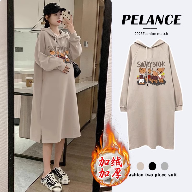 2025년 신상 임산부복 봄복 투피스 슈트 패셔너블 후드 레이지 가을 겨울 두꺼워진 스웨터 스커트