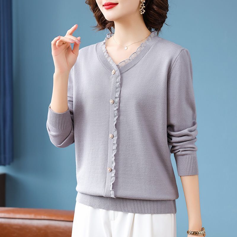 Trendy Plus Size Knitted Top for Moms, Autumn Thin Sweater for Middle-Aged Women, Spring and Autumn Lace Collar Base Shirt for Middle-Aged and Elderly Women