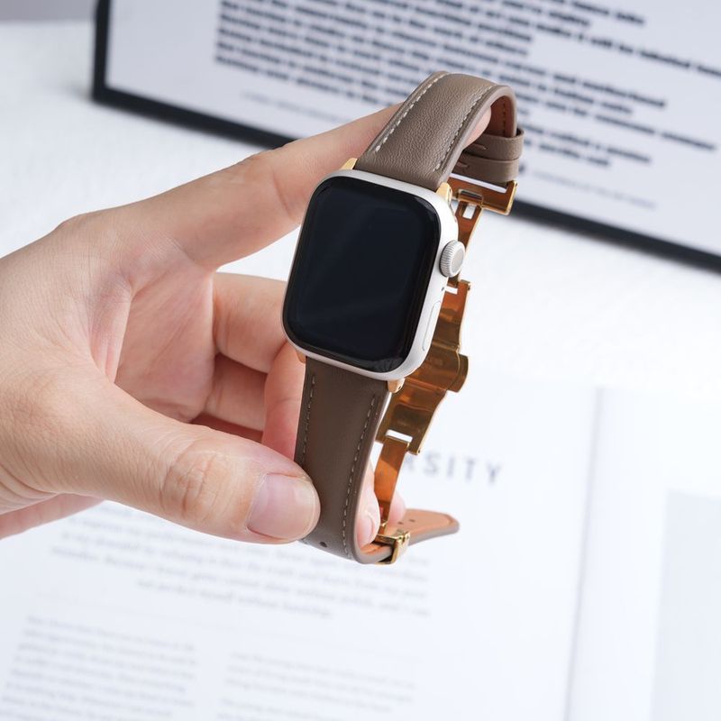 适用苹果手表AppleWatch9表带真皮舒适蝴蝶扣iwatch876543seS10|undefined