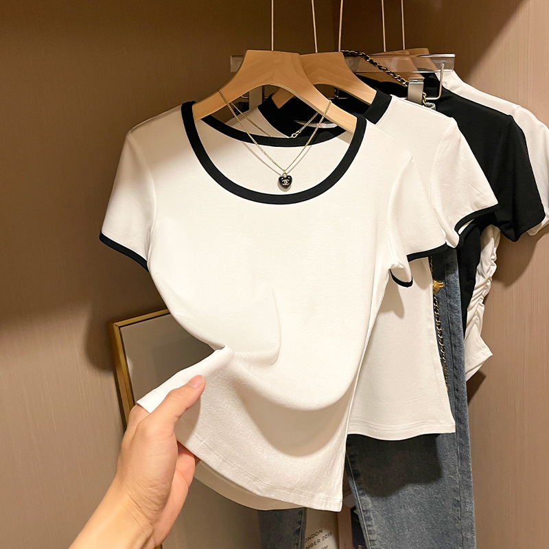 2026 Summer White Ribbed Round Neck Large Neckline Color-Block Short Sleeve T-Shirt for Women Trendy Versatile Top Base Shirt