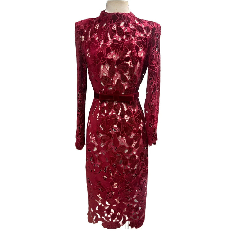 2026 New Lace Slim-Fit Long-Sleeve Dress for Women, Autumn Fashion Brand Designer Wine Red Elegant Dress 2026 New Lace Slim-Fit Long-Sleeve Dress for Women, Autumn Fashion Brand Designer Wine Red Elegant Dress