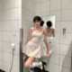 French Square Collar White Polka Dot Sling dress 2025 Summer New High-end Slim-fit Waist A- line Skirt