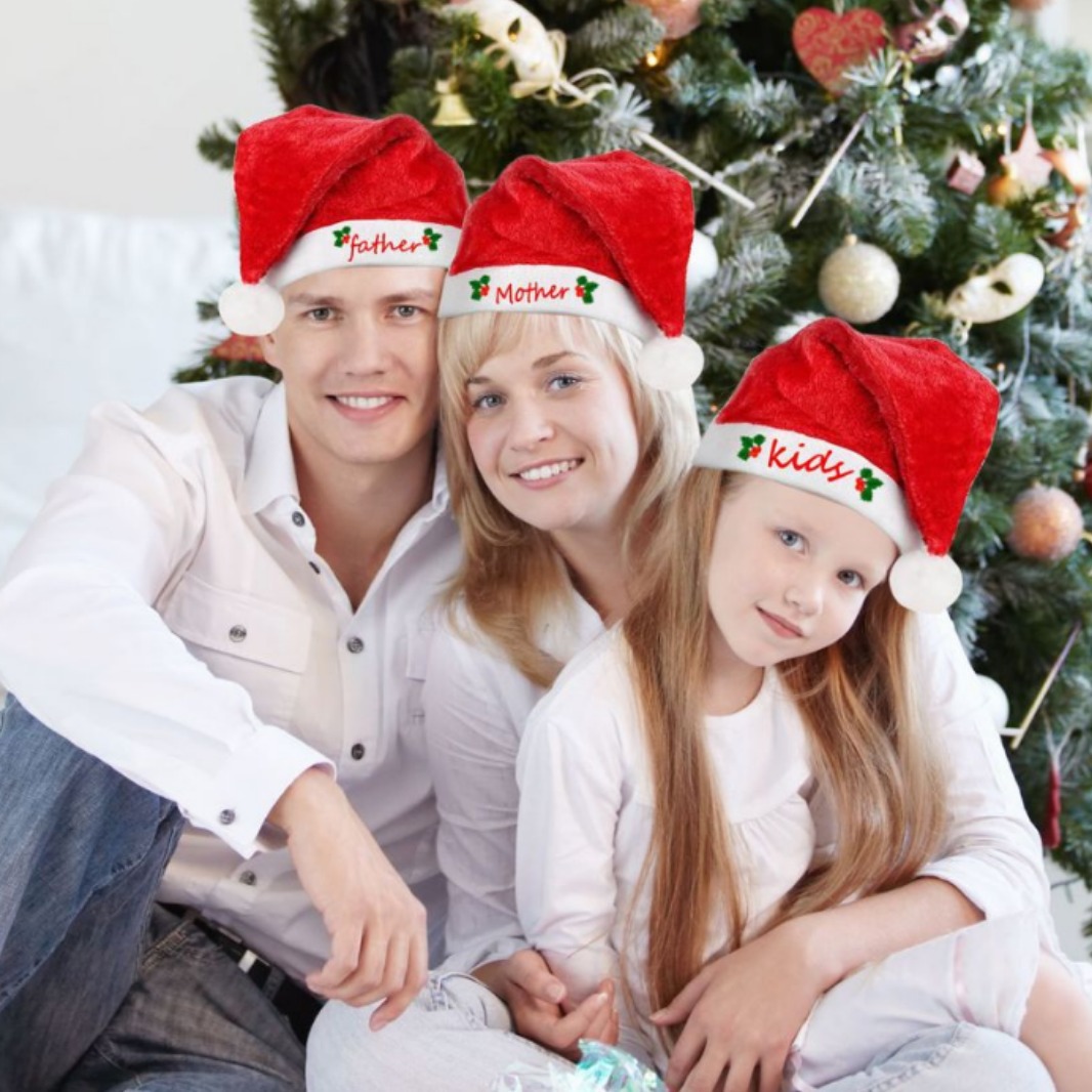 Sombreros de Navidad de peluche familia de alta calidad Sombreros de Navidad de peluche cortos Fabricantes de decoración de Navidad Sombreros de Navidad