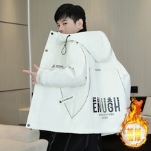 连帽工装外套男秋冬季加绒加厚棉衣服夹克男士保暖防寒冬装派克服