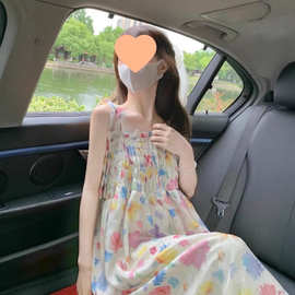 夏日多巴胺碎花系带连衣裙女日系软妹小清新仙气小个子吊带长裙子