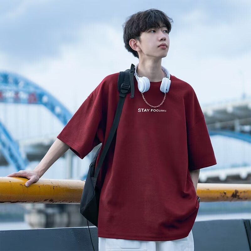 Short-Sleeved T-Shirt Men's Loose Large Size Round Neck Trendyy Printed Trendy Brand Versatile Heavy Cotton T-Shirt Top Half-Sleeved Ins