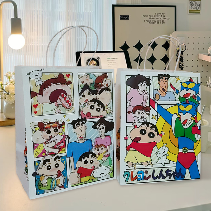 Japanese-Style Crayon Shin-Chan Cartoon Tote Paper Bag, White Kraft Paper Gift Bag, Packaging Bag, Eco-Friendly Material Gift