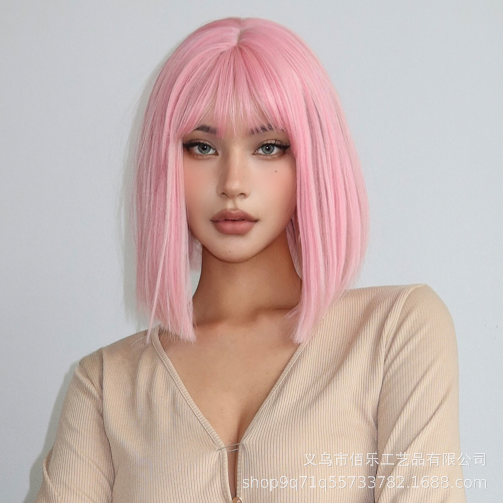 Peluca Rosa flequillo de la cabeza de onda Bobo corto Festival de alta temperatura de fibra química transfronteriza en stock pelucas de stock