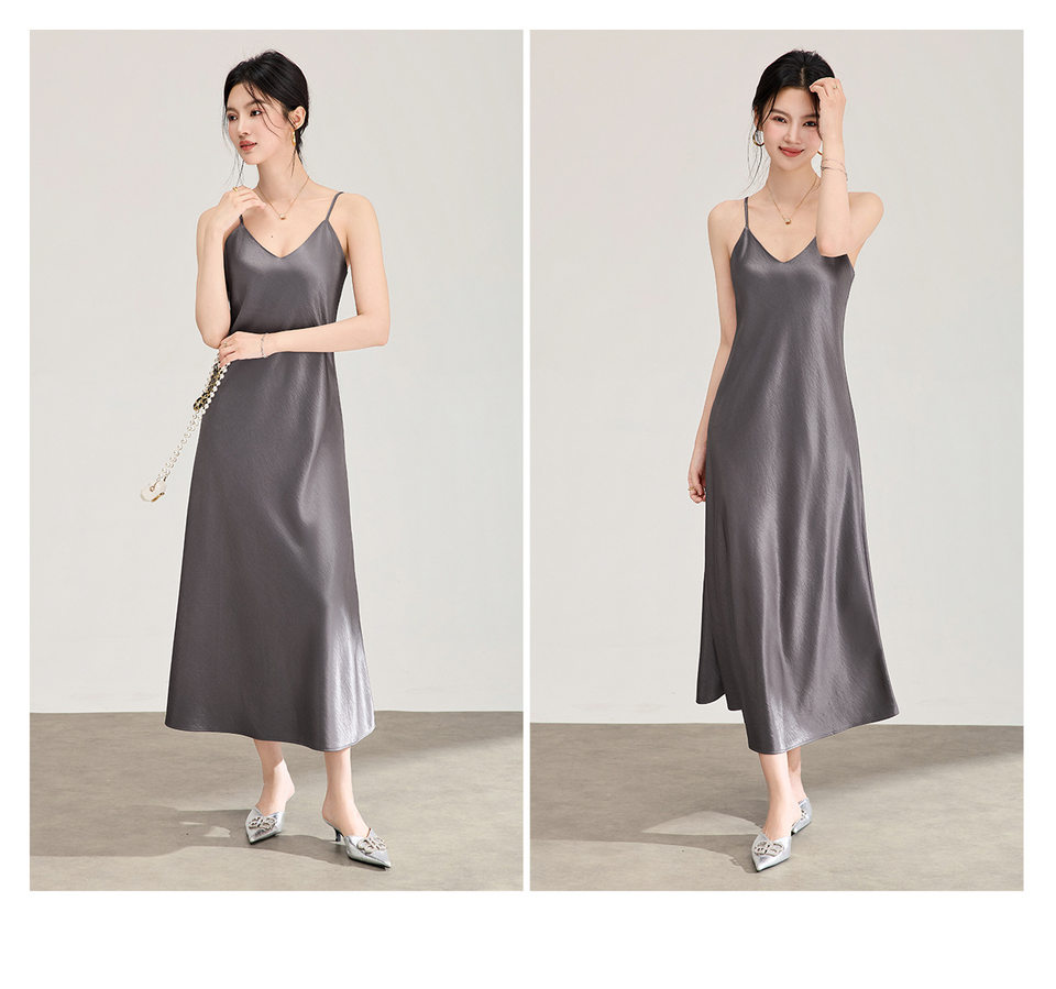 Đầm maxi nữ satin dáng suông, cổ yếm dây mảnh, thiết kế xéo cạnh — màu đen chi tiết 20
