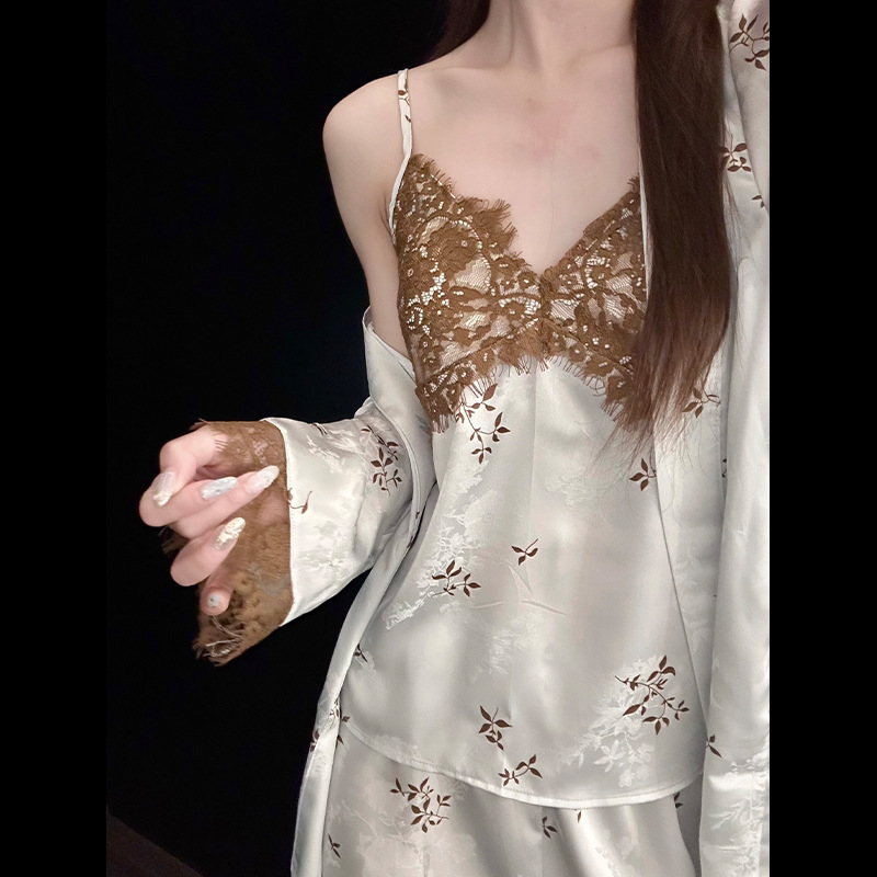 New Chinese-Style Lace Splicing with Chest Pads, Ice Silk Pajamas for Women, Spring and Summer Camisole, Cardigan, Long Pants, Home Wear Three-Piece Set