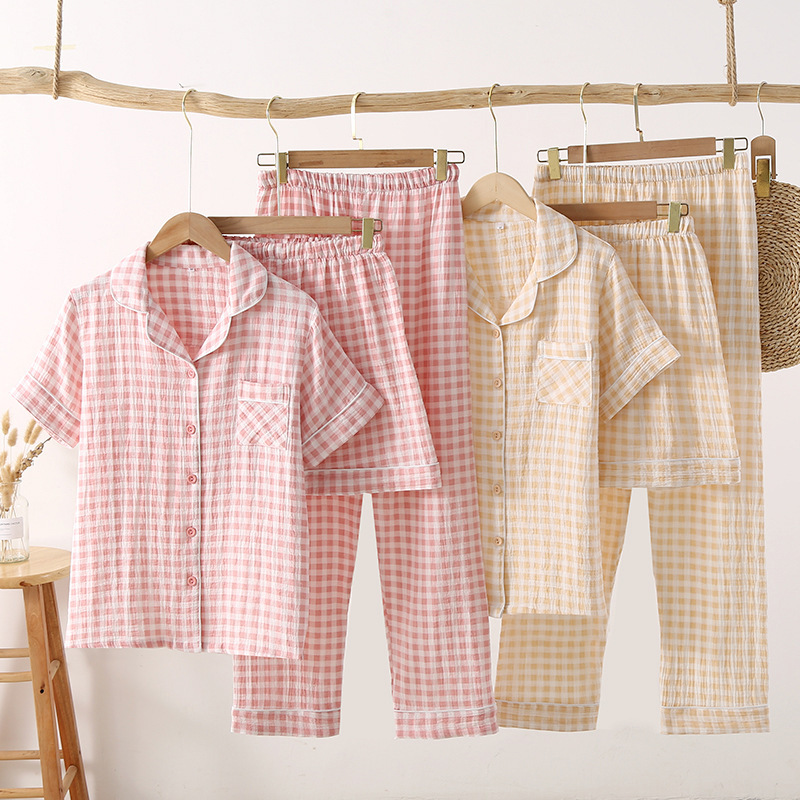Couple Cotton Gauze Summer Women's Short-sleeved Pajamas Japanese Style Simple Plaid Thin Three-piece Home Suit